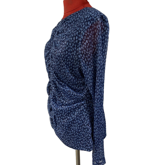 Michael Kors Size XL Dressy Top Blue Metallic Long Sleeve Ruched Front Blouse - Picture 3 of 10